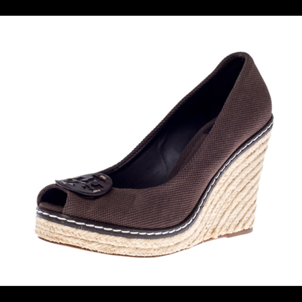 Brown Canvas Peep Toe Wedge Espadrille Platform